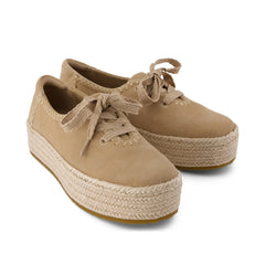 Womens Valencia Lace-Up Platform Espadrille Taupe Deco Stitch Suede