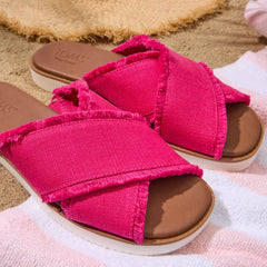 Womens Mae Crossover Slide Sandal Fuchsia Heritage Canvas Fray
