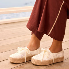 Womens Valencia Lace-Up Platform Espadrille Egret Floral Crochet