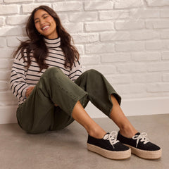 Womens Valencia Lace-Up Platform Espadrille Black Canvas