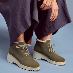 Maude Lace Up Olive Suede Faux Fur Wedge Boot