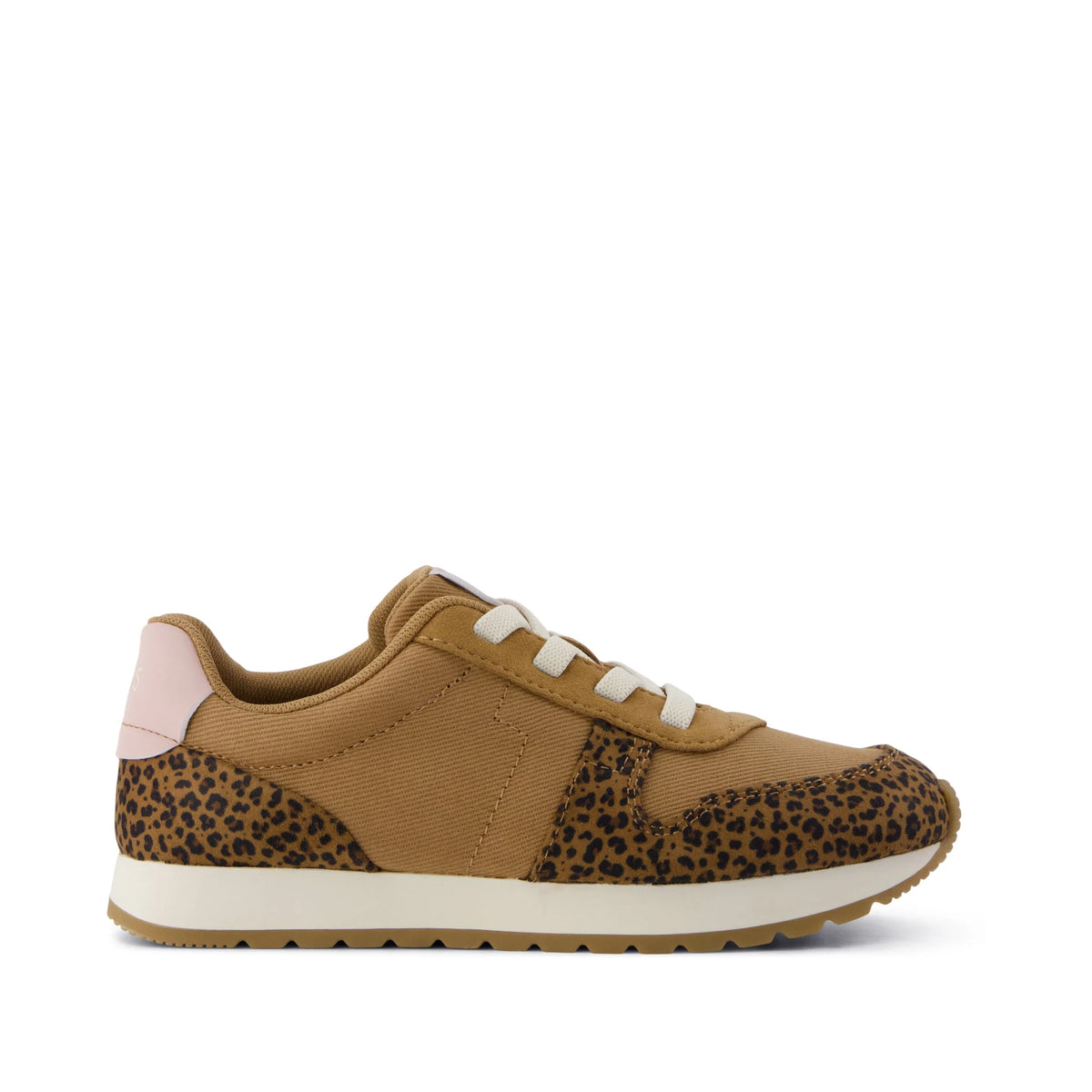 TRVL LITE Retro Runner Kids Sneaker Water Repellent Toffee Leopard Vintage Twill