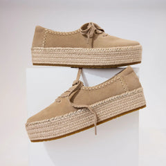 Womens Valencia Lace-Up Platform Espadrille Taupe Deco Stitch Suede